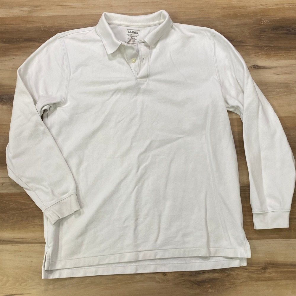 LL Bean Double L Polo Shirt Large Tall Long Sleeve Cotton Traditional Fit White